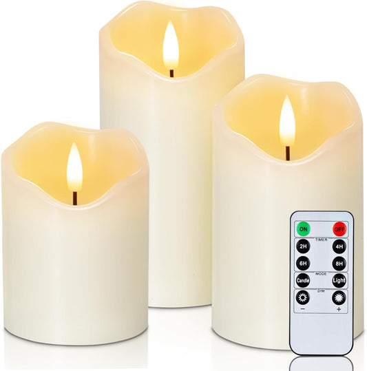 Homemory Flickering Flameless Candles, Realistic LED Candles with Remote and Timer, Real Wax Battery Operated Candles, Set of 3, Ivory