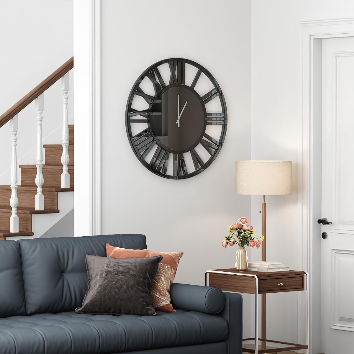 SHYFOY Large Wall Clock - 31.5" Modern Black Wall Clock with Roman Numerals, Decorative Wall Clocks for Living Room, Bedroom, Office - Easy to Hang, Silent Non-Ticking