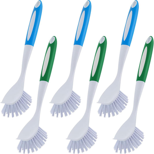 Hsei 6 Pcs Blue and Green Kitchen Scrub Dish Brush Bulk with 11 Inch Anti Slip Handle Cleaning Dish Scrubber with Stiff Bristles Washing Scrub Brushes for Housekeeping for Pots and Pans, Kitchen Sink
