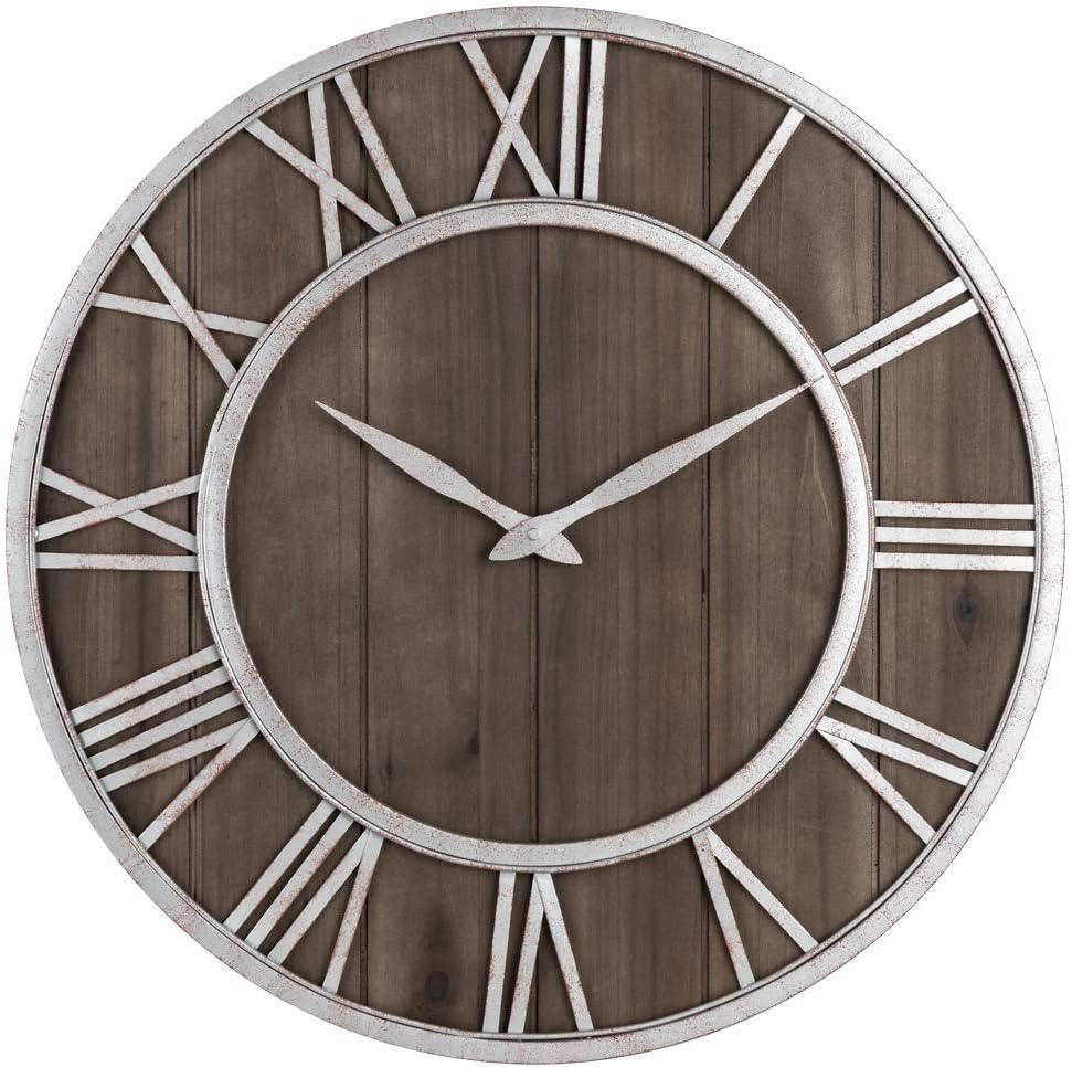 Oldtown Farmhouse Metal & Solid Wood Noiseless Wall Clock (Dark Brown, 36-inch)