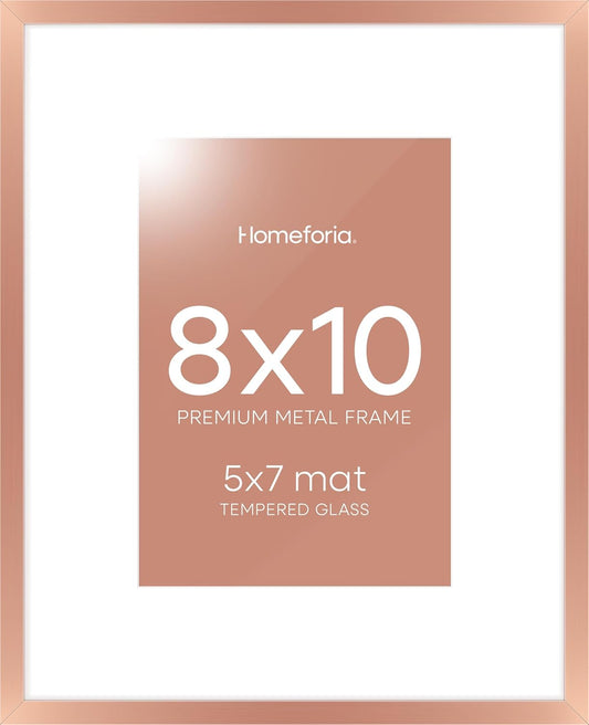 Homeforia Rose Gold 8x10 Picture Frame, High End Metal 8 x 10 Poster Frames with Mat 5 by 7 Print, 10x8 Thin Frame Matted to 7x5 Photo, 8by10 Wall or Tabletop Frame, Tempered Glass, Wall Kit, Set of 1