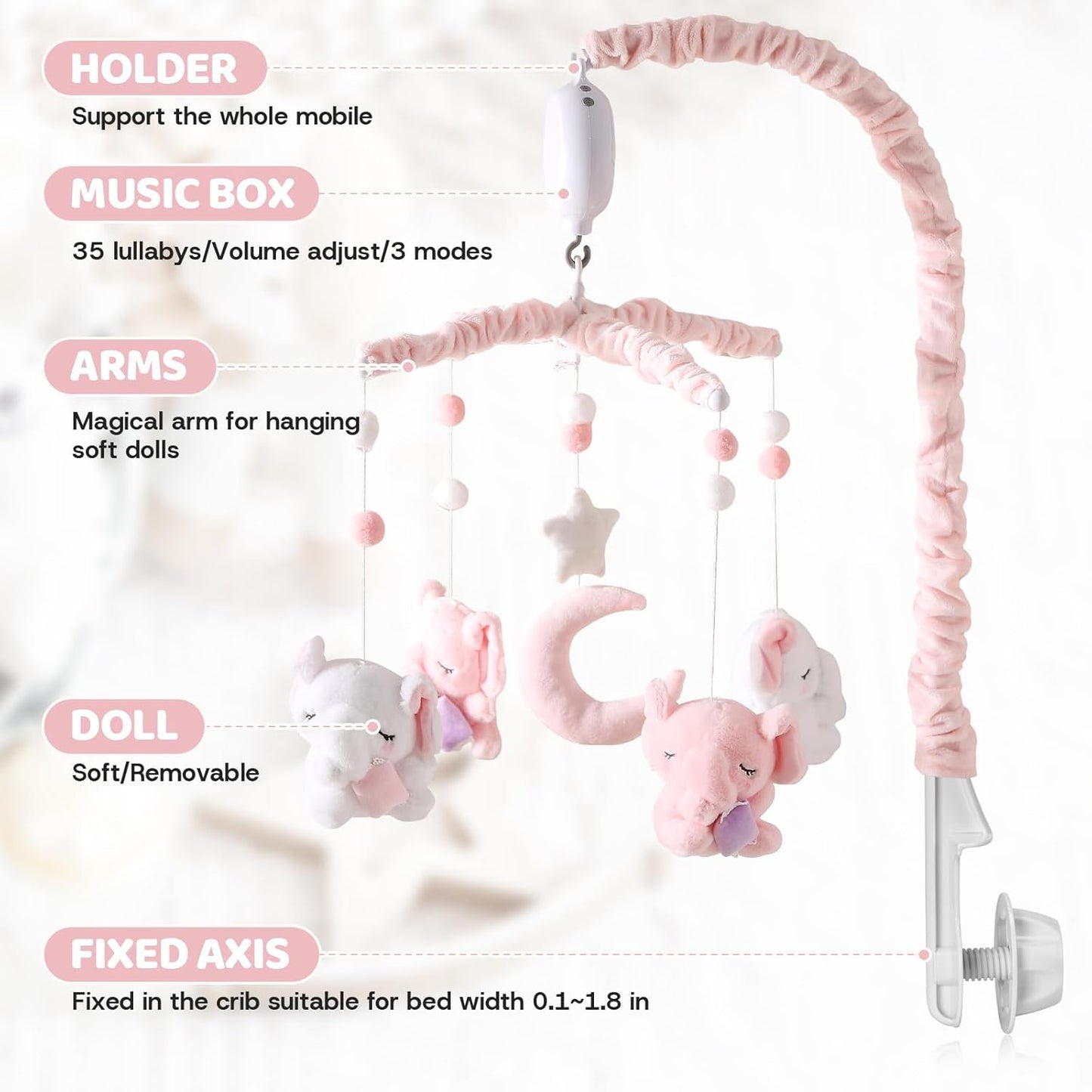 Baby Crib Mobile - Elephant Mobile for Crib with 25 Inches Mobile Arm and 35 Lullabies Musical Box, 3 Modes Digital, Volume Control, Essential Gift for Infant Boys Girls Bedroom Hanging Decor