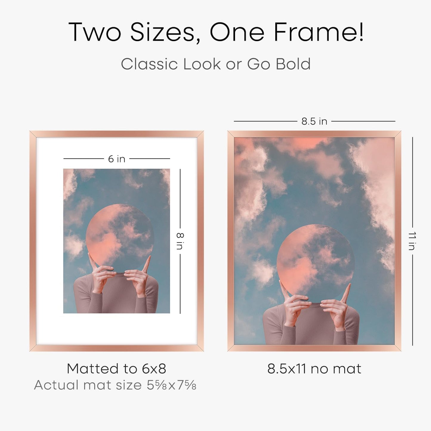 Homeforia 8.5x11 Rose Gold Frame, High End Metal 8.5 x 11 Picture Frames with Mat 6 by 8 inch Photo, 11x8.5 Poster Frame Matted to 6x8 Print, Wall or Tabletop Frame, Tempered Glass, Wall Kit, Set of 1