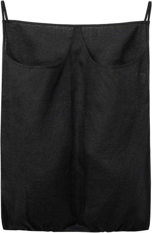 100% Pure Linen Dual Hanging Laundry Bag with 2 Deep Pocket and 2 Side Zipper 20x27in, Over The Door Laundry Hamper Space Saving Hampers for Dirty Clothes Home Travel, Black