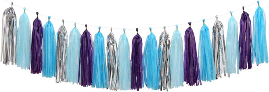Purple-Blue Silver Frozen Party-Decorations Tassel-Garland -20pcs Winter Girl Birthday New Year Christmas Tassels Banner Streamers Wonderland Mermaid Baby Shower Wedding Supplies Party Decor Panduola