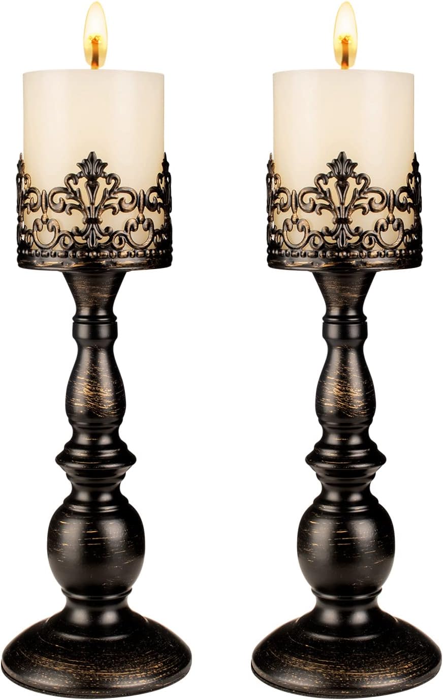 Candle Holders for Pillar Candles Gothic Matte Black Vintage Tall Candle Holders Set of 2 Decorative Large Table Centerpieces Candle Stand Decor (Distressed Black 2PCS A)