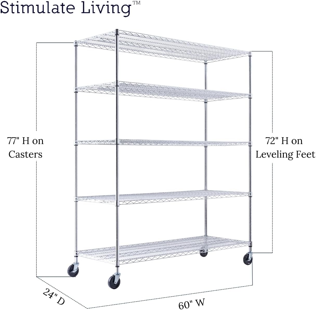 60"x24"x72" PRIME HEAVY DUTY Chrome 5-Tier Wire Shelving NSF 3000 LBS MAX Capacity Storage Rack for Commercial, School, Home, Garage, Warehouse, Industrial, and Hospital Uses (with Wheels)