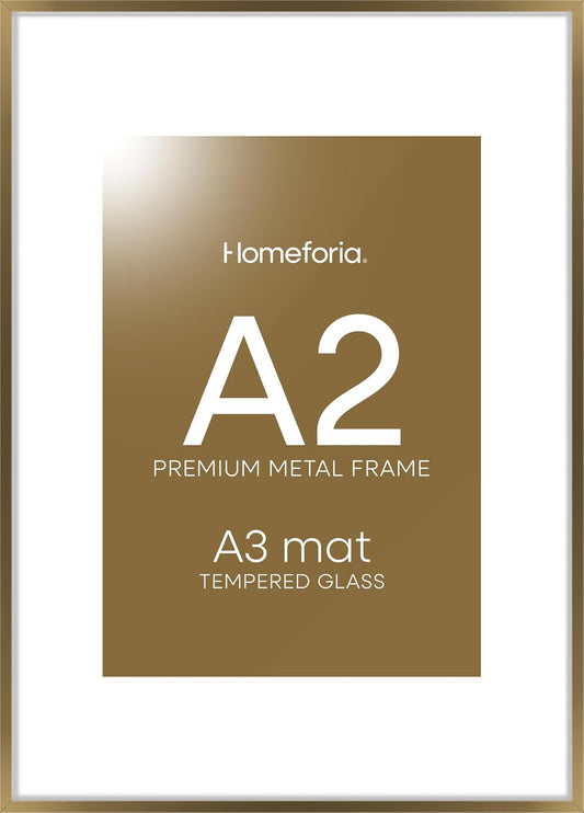Homeforia A2 Picture Frame Bronze, High End Metal 16.5 x 23.4 inch Poster Frames with Mat 11.7 by 16.5 Photo, A2 Size Brass Frames Matted to A3 Print, 16.5x23.4 Hanging Frame, Tempered Glass, Set of 1