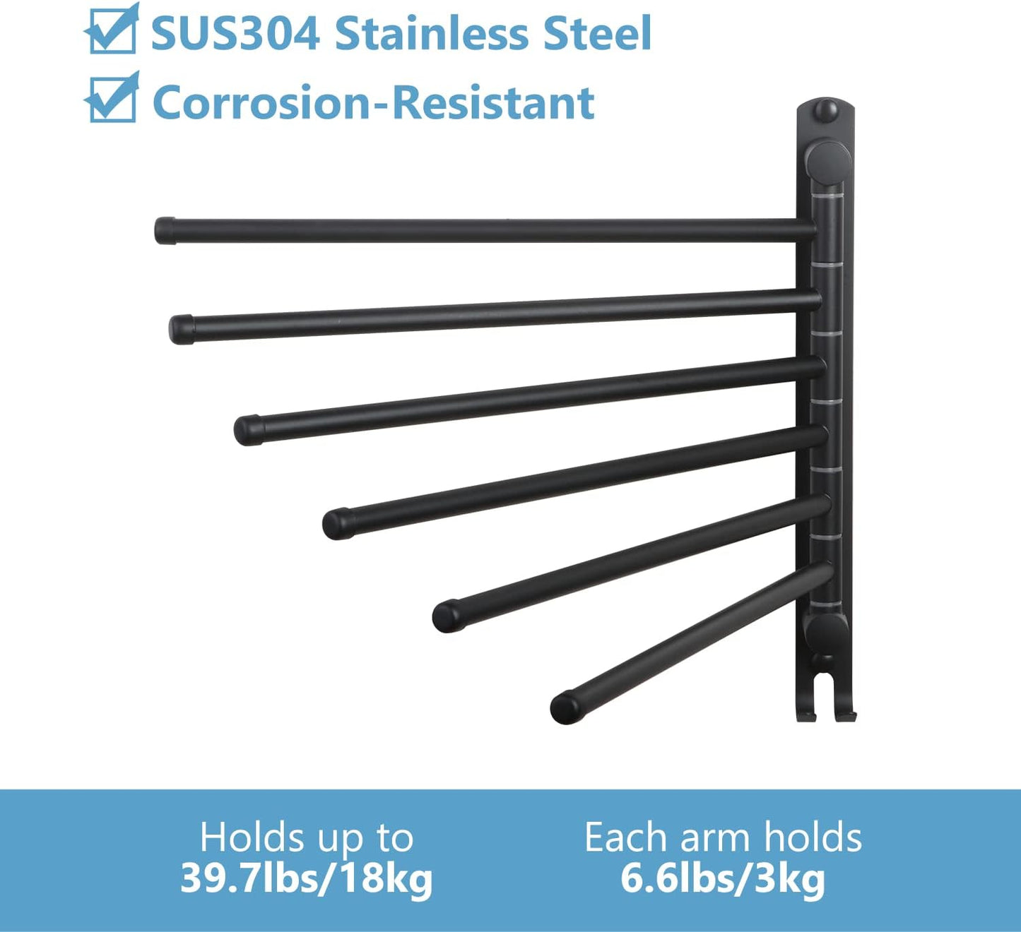 Space Saving Towel Rack JSVER Black Space Saving Towel Holder, Towel Rack Wall Mounted, Swivel Hand Towel Holder, 6-Arms Towel Bar, Towel Racks for Bathroom