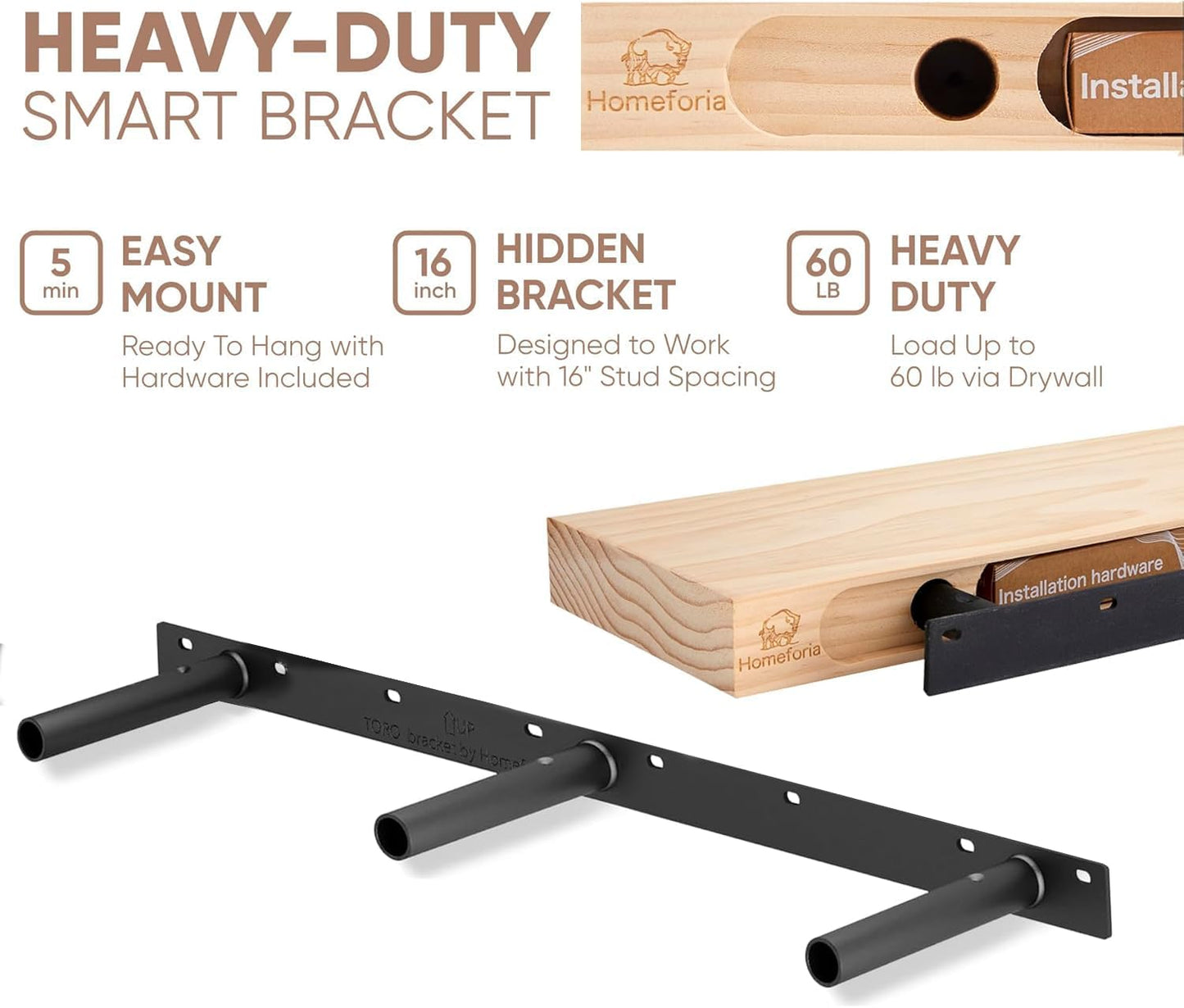 Homeforia 48 inch Oak Floating Shelf, High End Solid Real Wood 48inch Floating Shelves for Wall Mounted, Honey Oak Wooden 48in Large Floating Shelves, Heavy Duty Bracket, 48 X 6.5 X 1.75 in, Set of 2