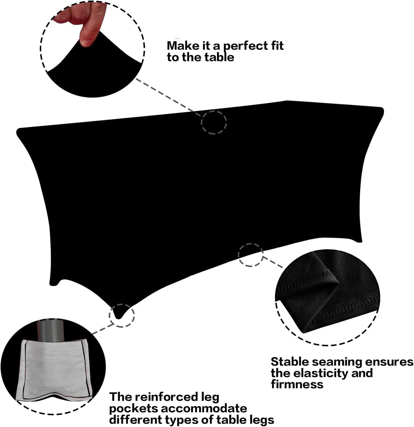 IVAPUPU 6FT Spring Table Cloth for Rectangular Fitted Events Stretch Black Table Covers Washable Cover Spandex Tablecloth Protector for Party, Wedding, Cocktail, Banquet, Festival