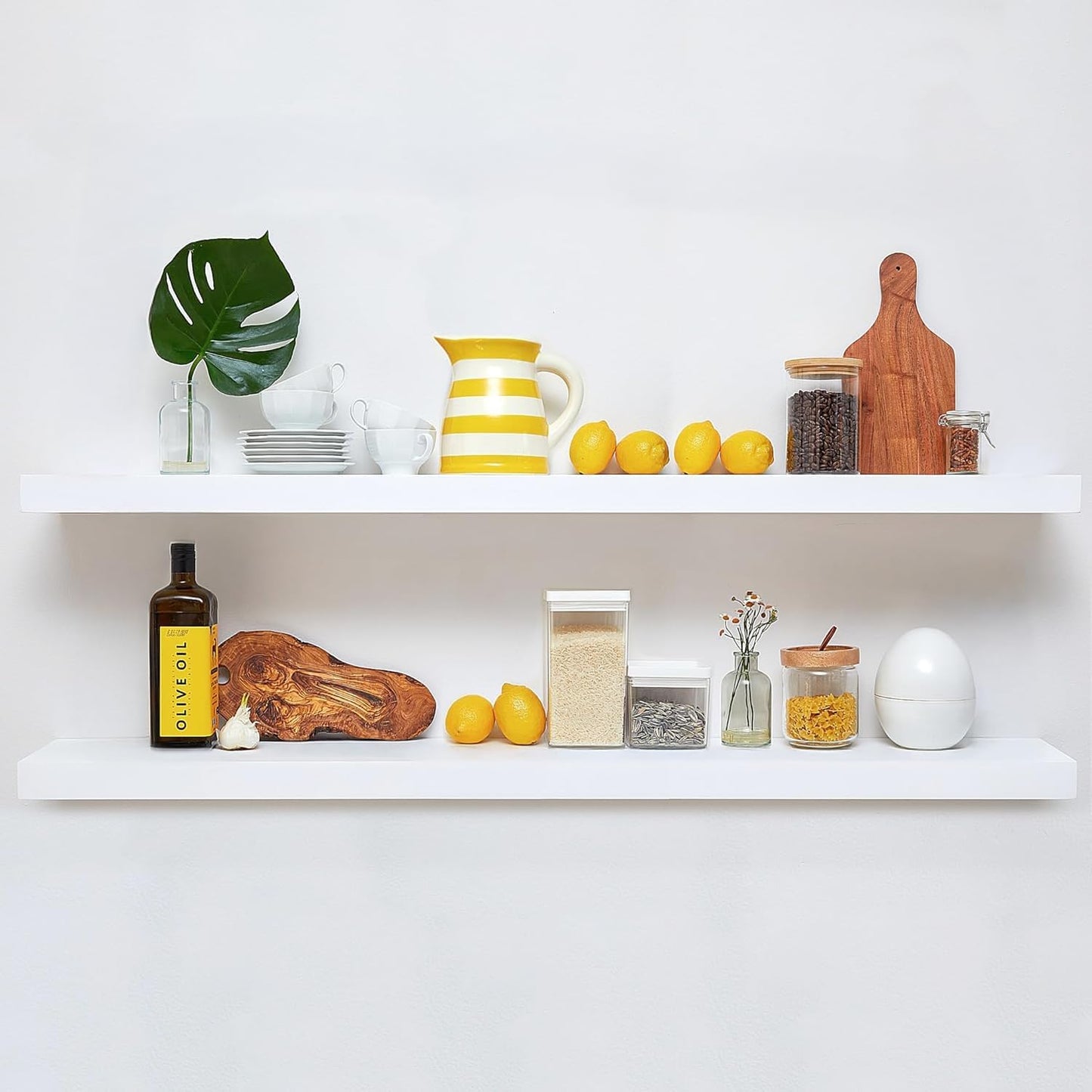 Homeforia Floating White Shelf 60 inches, High End Solid Real Wood 60inch Long Floating Shelves for Wall Mounted, White Wooden 60in Floating Shelves, Heavy Duty Bracket, 60 X 6.5 X 1.75 inch, Set of 2