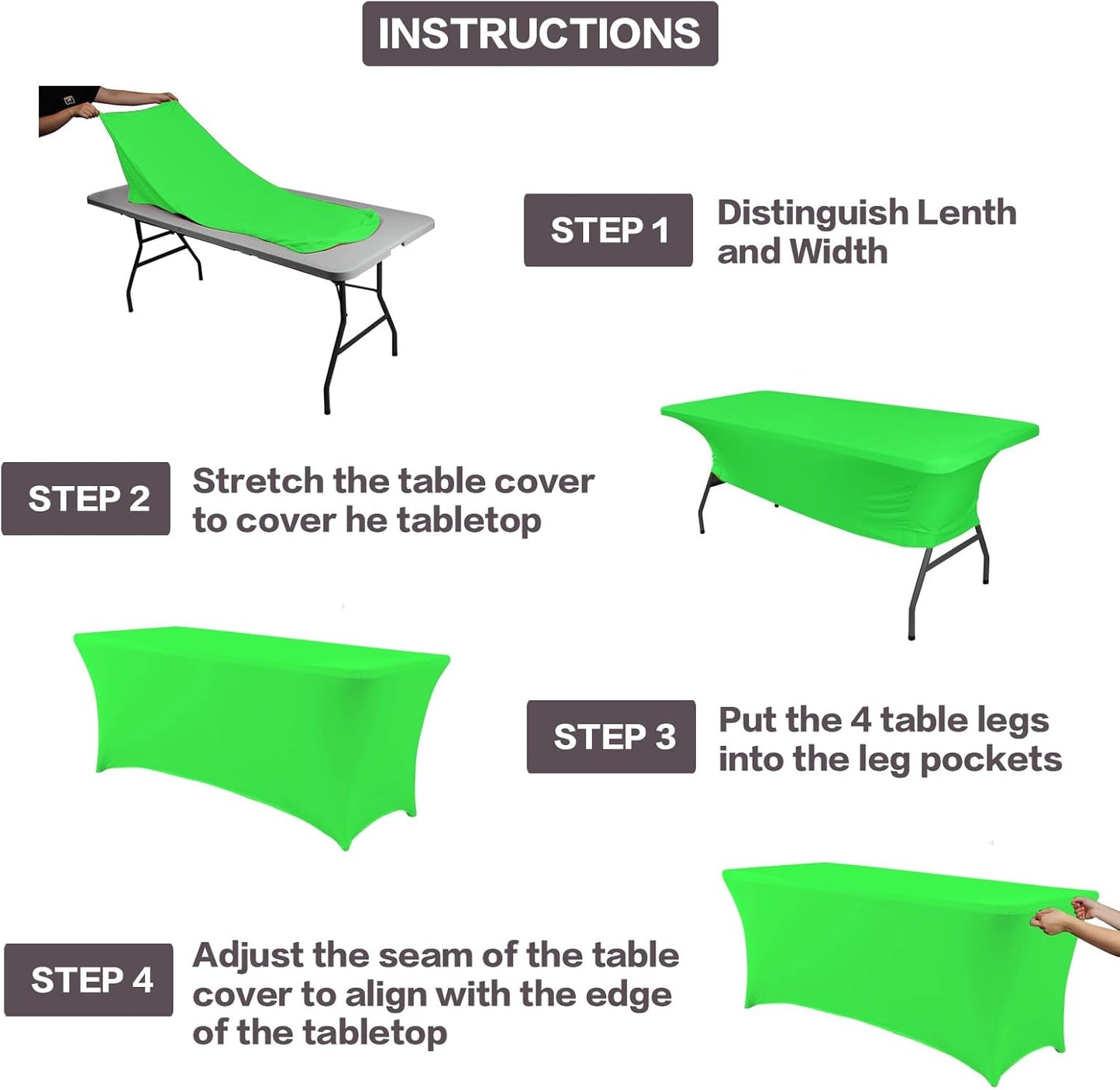 IVAPUPU 2 Pack 4FT Table Cloth for Rectangular Fitted Events Stretch Green Table Covers Washable Cover Spandex Tablecloth Protector for Party, Wedding, Cocktail, Banquet, Festival