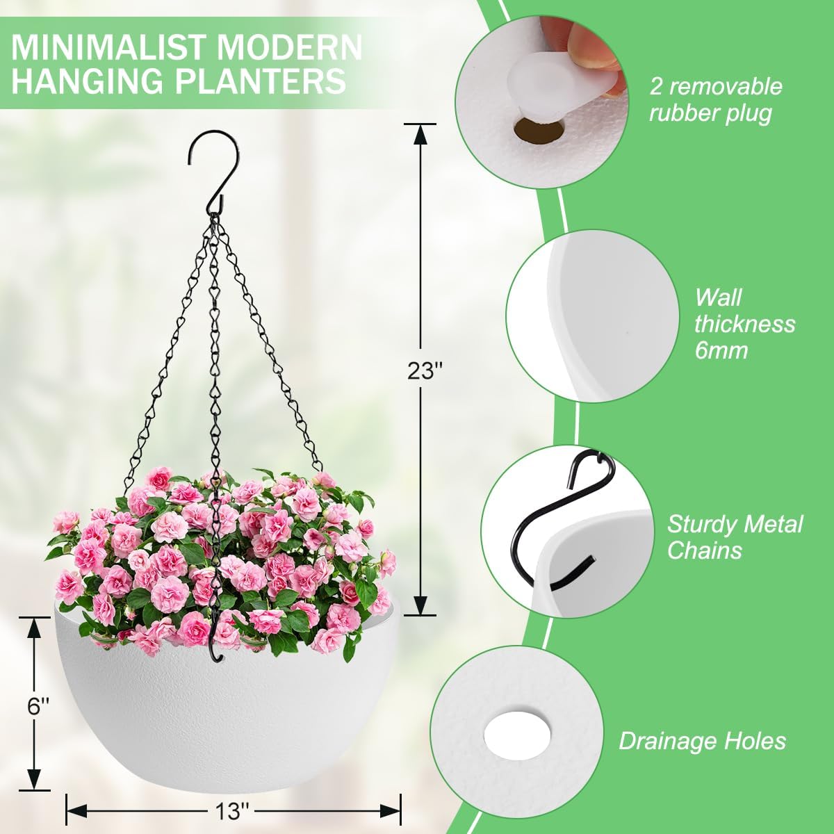 10 inch Hanging Planters for Indoor Plants, 2 Pack Planters for Outdoor Plants with Drainage Holes and Chain, Round Plastic Hanging Baskets, Hanging Flower Pots for Balcony Garden Decor-White