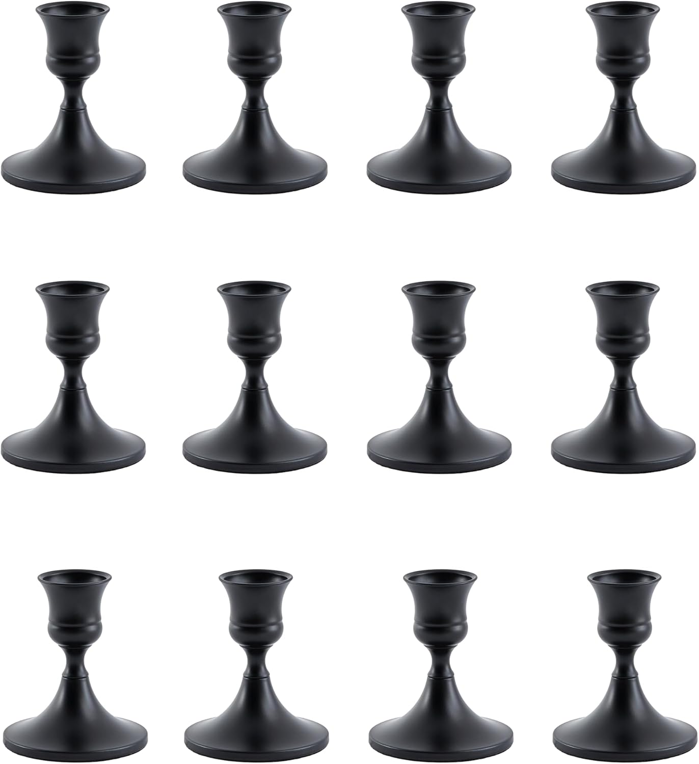 Black Taper Candle Holder, Candlestick Holders, Vintage Metal for Table Centerpieces Wedding Decor (Matte Black, 12 Pcs)