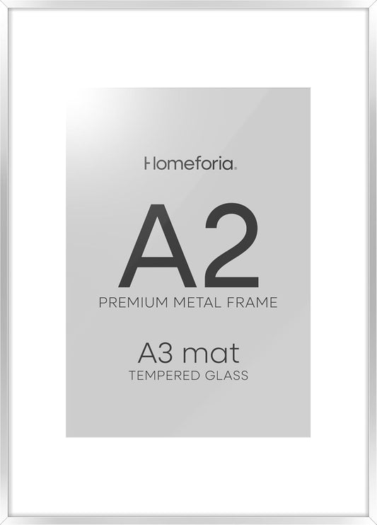 Homeforia A2 Poster Frame Silver, High End Metal A2 Picture Frames Silver with Mat A3 Print, 16.5x23.4 Frames Matted to 11.7x16.5 Photo, 16.5 by 23.5 Hanging Frames, Tempered Glass, Wall Kit, Set of 1