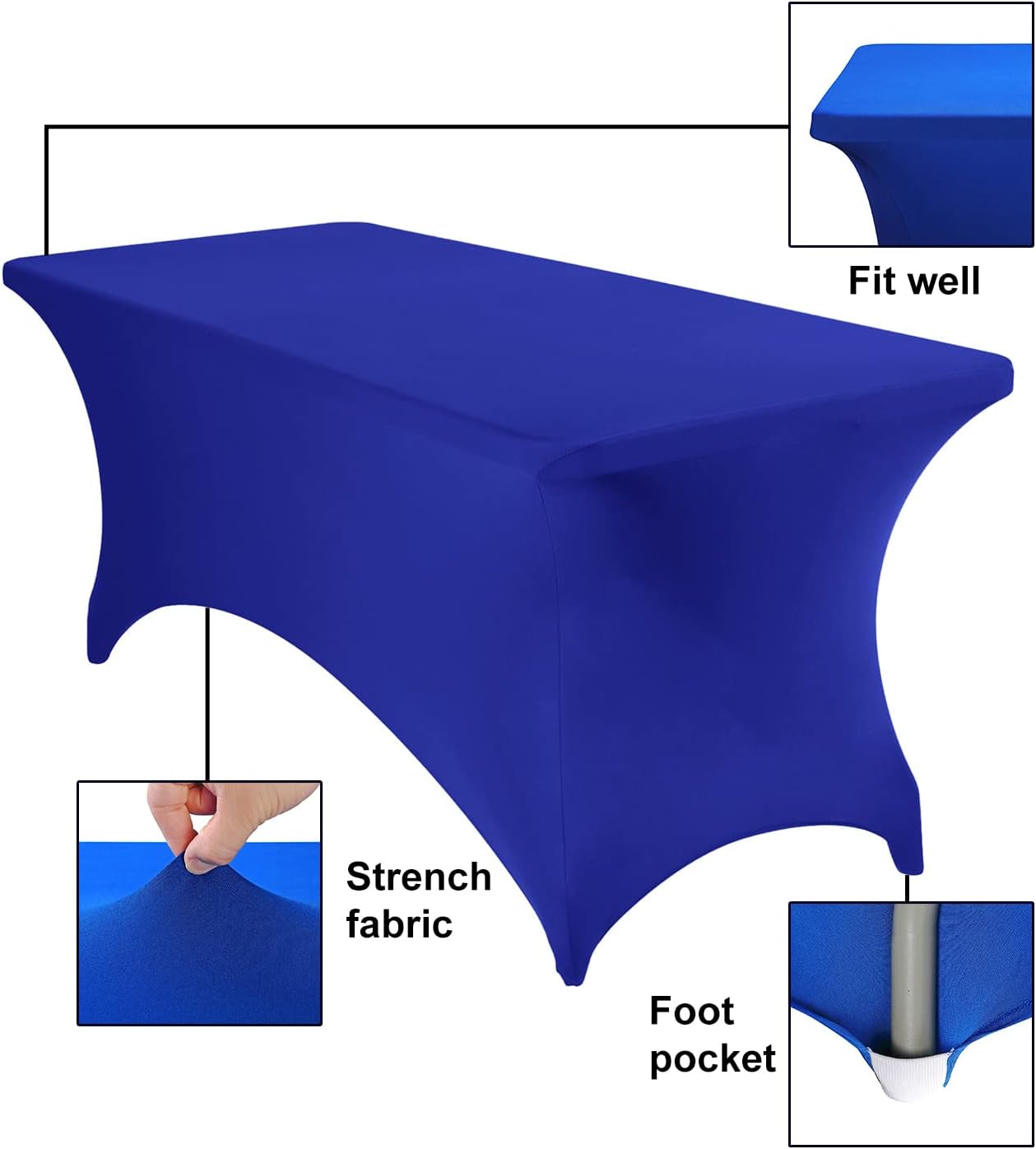 4Pack Spandex Waterproof Table Covers 6ft，Spandex 6ft Waterproof Table Cover for Party,Wedding, Banquet, and Events(Royal Blue)