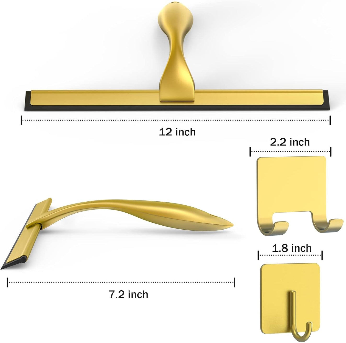 All-Purpose Stainless Steel Shower Squeegee for Shower Doors with 2 Adhesive Hooks, Bathroom Cleaner Tool Household Window Mirror Squeegee for Home Cleaning, Glass Door, Tile Wall, Car, 12 Inch Golden