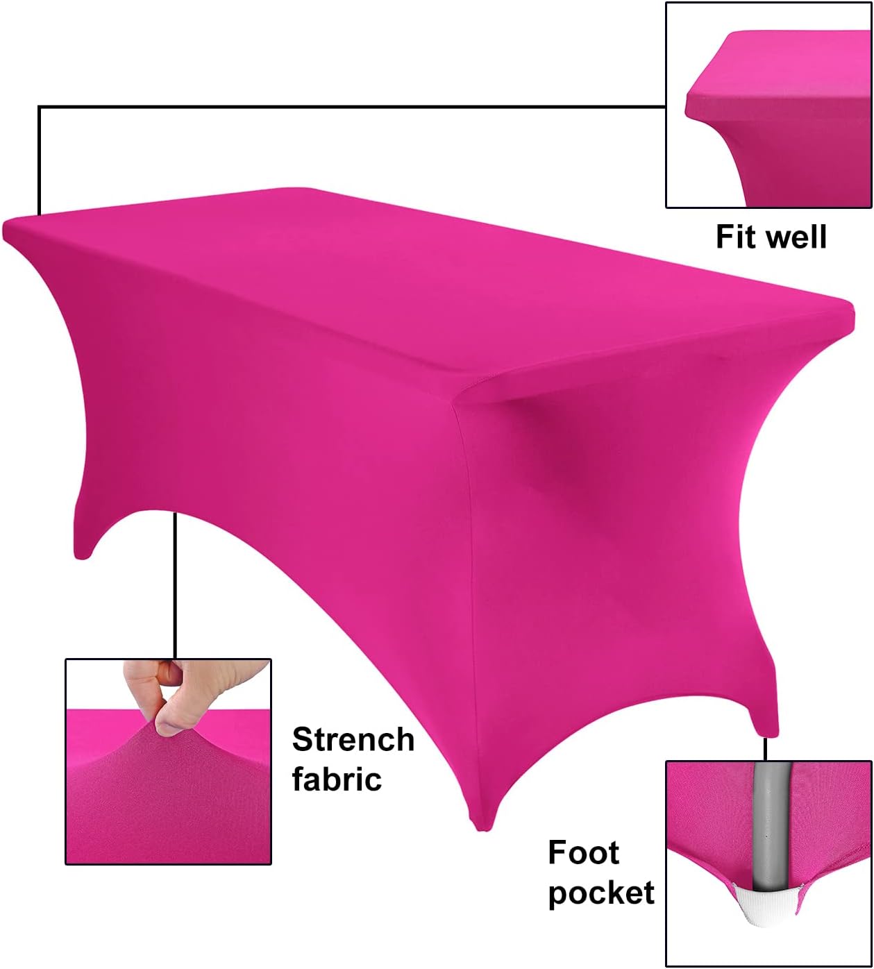 4Pack Spandex Waterproof Table Covers 6ft，Spandex 6ft Waterproof Table Cover for Party,Wedding, Banquet, and Events(Fuchsia)