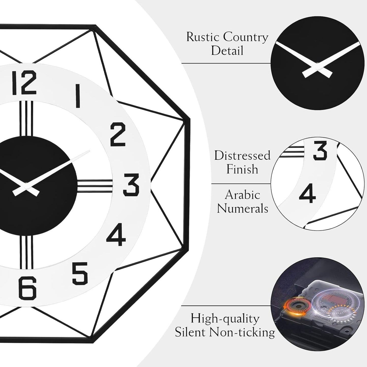 Modern Look Wall Clock – Large Decorative Silent Clock for Living Room Decor, 24 Inch Geometric Design with Numbers Huge Clock