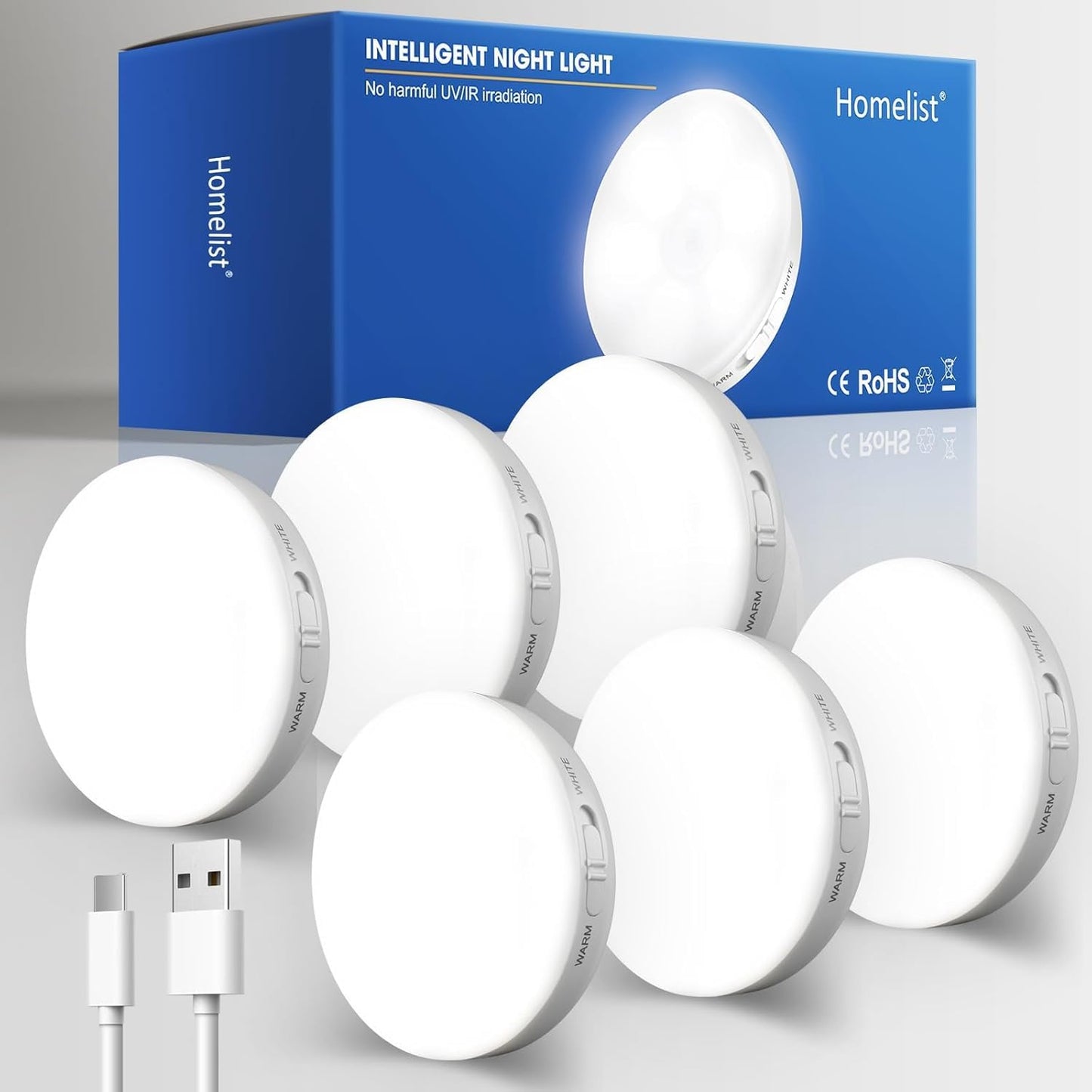 Homelist 6 Pack Motion Sensor Light Indoor, Rechargeable Puck Lights, Wireless Battery Operated Night Light for Closet, Hallway, Stairs, Kitchen with 2 Color Temperatures