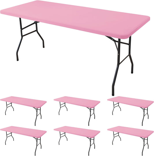 Fitted Tablecloth for 6 Foot Rectangle Tables-6 Pack Pink Elastic Outdoor Picnic Table Cover-Spandex Stretch Folding Table Cloths 6 ft for Camping Dining Room Patio Kitchen Banquet Party