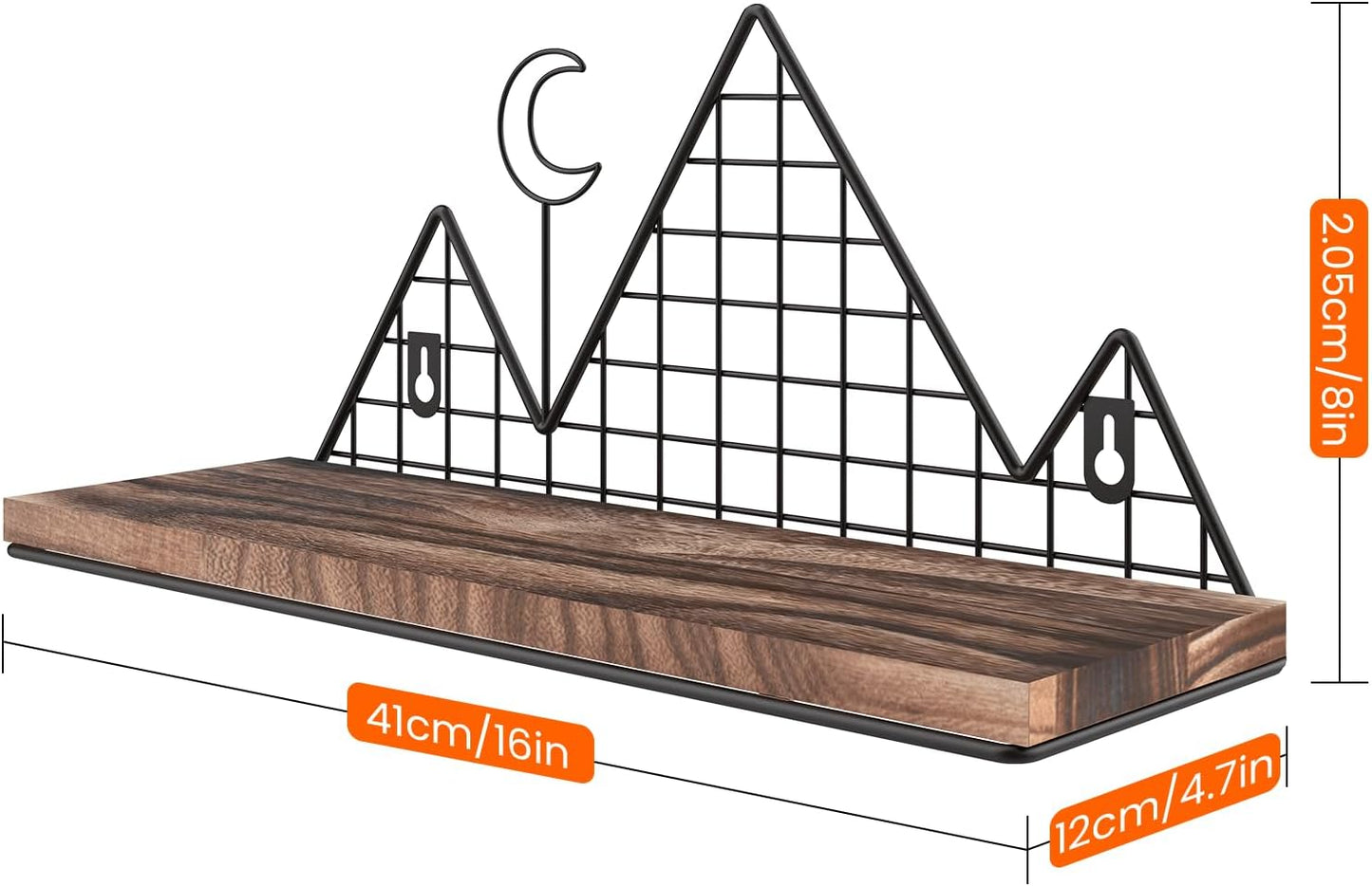Homode Floating Shelves, Set of 2 Mountain Wall Shelves, Rustic Wood Display Storage Shelf with Metal Wire, Geometric Decor for Bathroom, Nursery, Bedroom, Office, Brown and Black