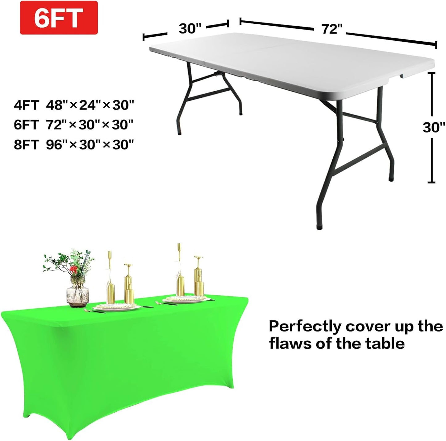 IVAPUPU 6FT Table Cloth for Rectangular Fitted Events Stretch Green Table Covers Washable Cover Spandex Tablecloth Protector for Party, Wedding, Cocktail, Banquet, Festival