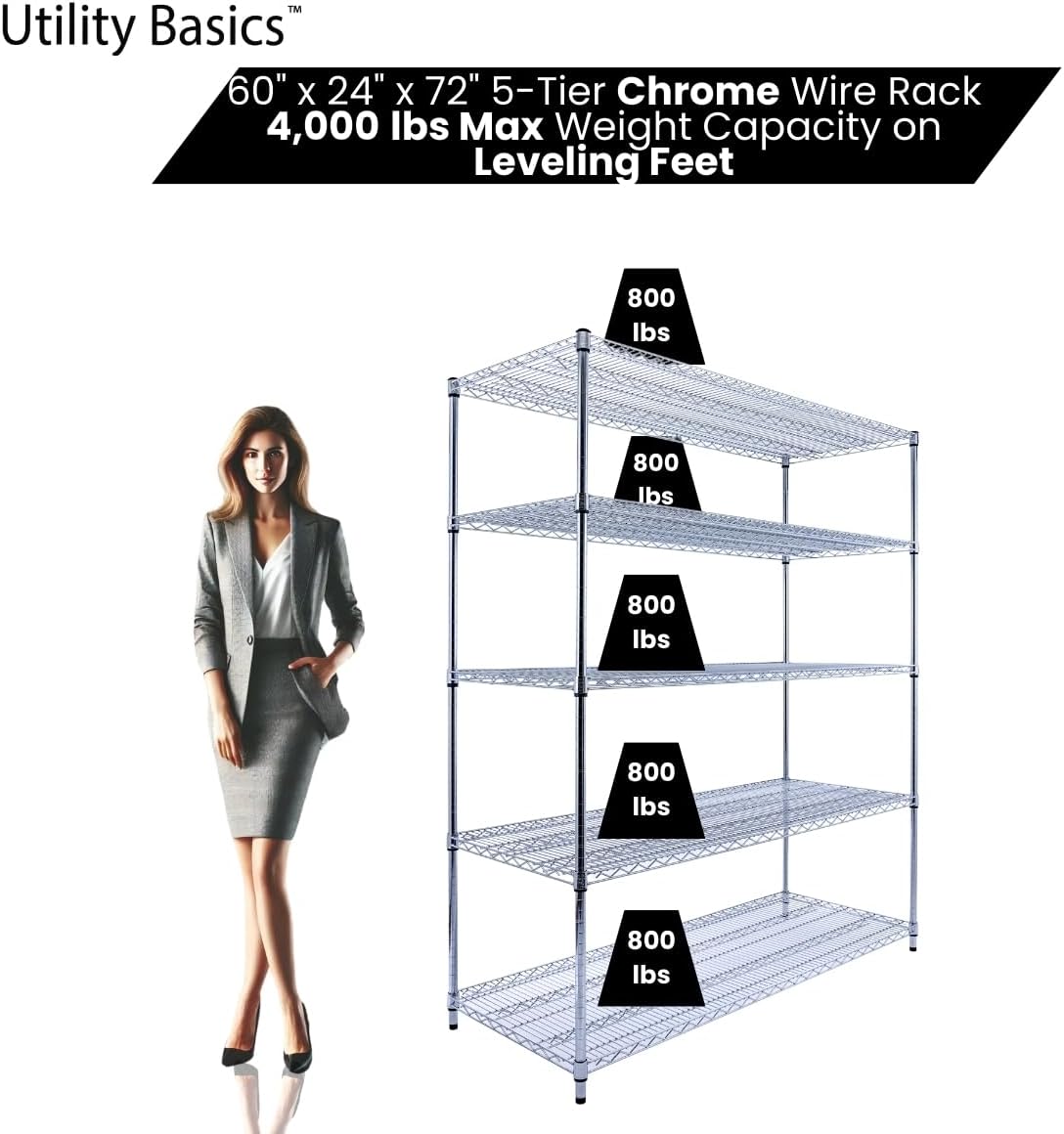 60"x24"x72" Chrome 5-Tier PREMIUM Wire Shelving NSF 4000 LBS MAX CAPACITY Heavy Duty Steel Storage Rack for Warehouses, Garages, Hospitals, Commercial Spaces, & Schools w/PREMIUM WHEELS