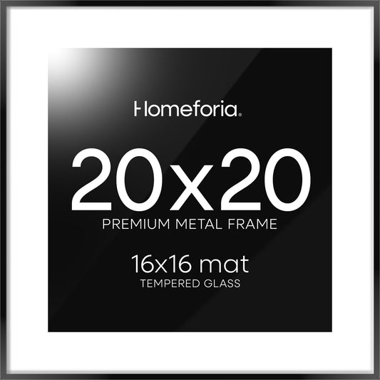 Homeforia 20x20 Picture Frame Black, High End Metal 20x20 Square Poster Frame Matted to 16x16 Print, 20 x 20 Black Frames with Mat 16 x 16 Photo, 20by20 Thin Frames, Tempered Glass, Wall Kit, Set of 1