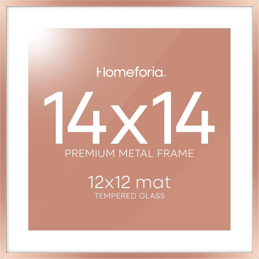 Homeforia 14x14 Picture Frame Rose Gold, High End Metal 14 x 14 Square Poster Frame with Mat 12 x 12 Photo, 14x14 Frame Matted to 12x12 Print, 14by14 Hanging Frames, Tempered Glass, Wall Kit, Set of 1