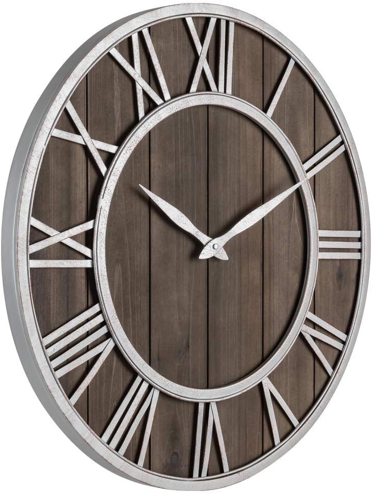 Oldtown Farmhouse Metal & Solid Wood Noiseless Wall Clock (Dark Brown, 30-inch)
