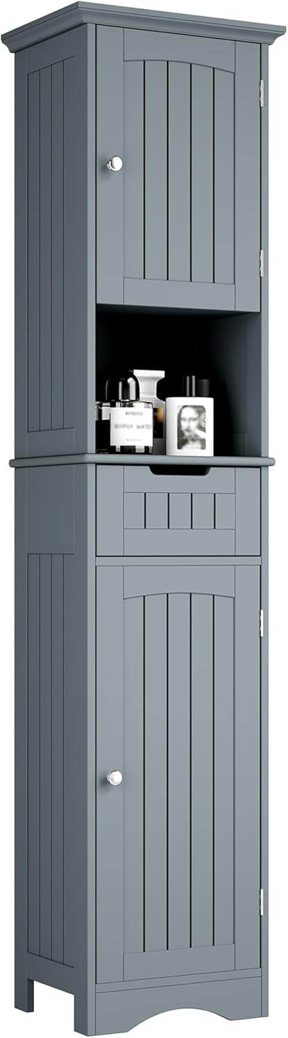 ChooChoo 67" Tall Bathroom Storage Cabinet Freestanding with Adjustable Shelves, Narrow Storage Linen Cabinet with 2 Doors and 1 Drawers for Bathroom, Living Room, Kitchen, Grey