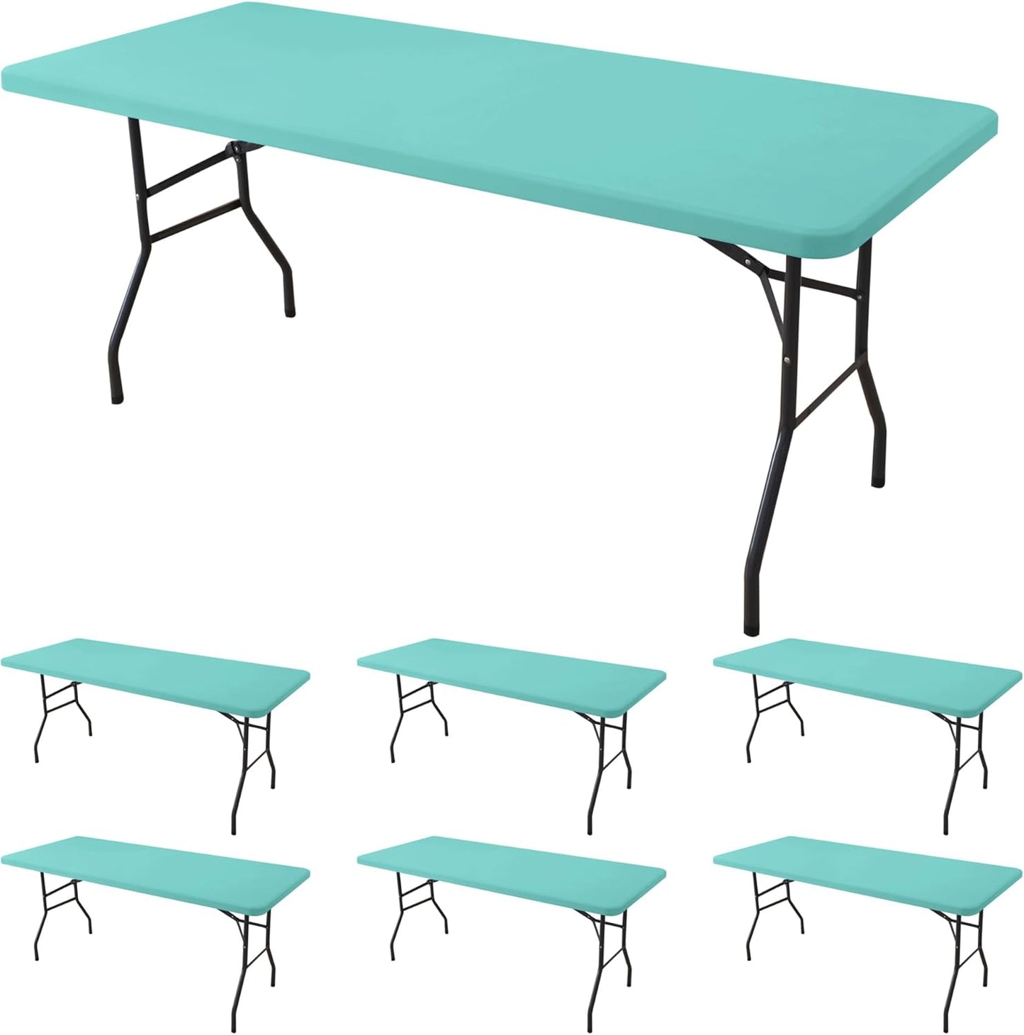 Fitted Tablecloth for 8 foot Rectangle Tables-6 Pack Aqua Blue Elastic Outdoor Picnic Table Cover-Spandex Stretch Folding Table Cloths 8ft for Camping Dining Room Patio Kitchen Banquet Party