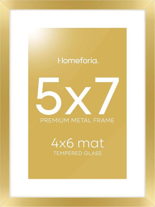 Homeforia 5x7 Picture Frame Gold, High End Metal 5 x 7 Gold Frames with Mat 4 x 6 for Print, 5by7 Desk Frame Matted to 4x6 inch Photo, 5 by 7 Wall or Tabletop Frame, Tempered Glass, Wall Kit, Set of 1