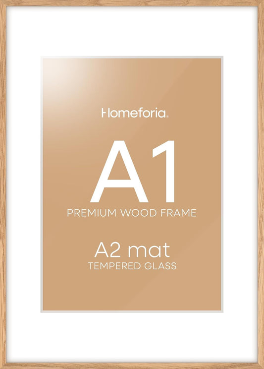 Homeforia A1 Poster Frame Natural Wood, High End Oak 23.4 x 33.1 Large Wooden Picture Frames Matted to 16.5 by 23.4 for Photo, A1 Size Light Wood Frames with Mat A2, Tempered Glass, Wall Kit, Set of 1