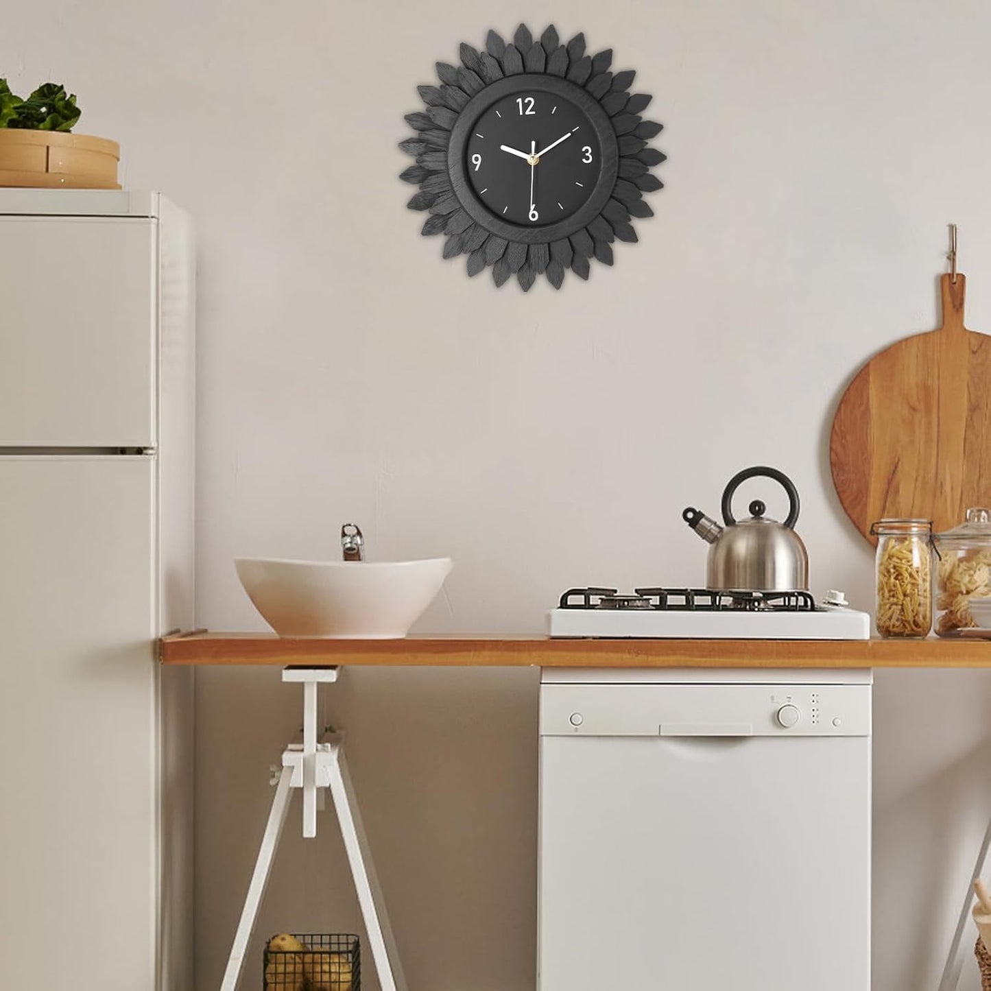 Honiway Wall Clock Battery Operated 12 Inch Rustic Wooden Boho Sunburst Decorative Wall Clock Silent Non-Ticking Black Wall Decor Clocks for Living Room Kitchen Bathroom Bedroom (Black)