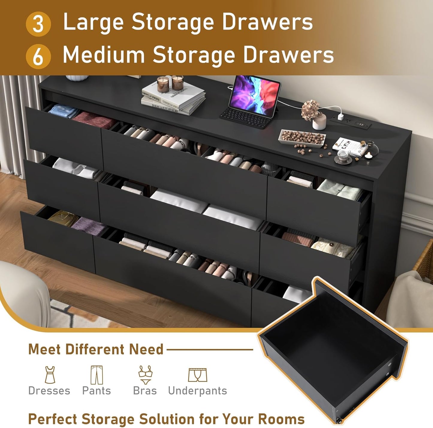 Black malm Dresser for Bedroom, 63 Inch Long 9 Drawers Dresser with Charging Station, Modern Large Wood Chest of Drawers Handle Free for Bedroom, Living Room, Entryway, Hallway, Black