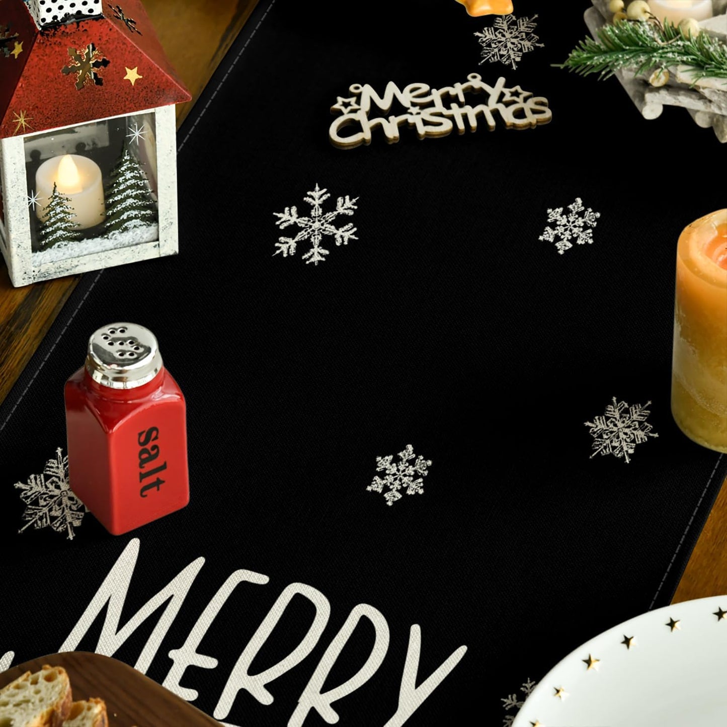 Artoid Mode Xmas Trees Snowflakes Black Merry Christmas Table Runner, Winter Seasonal Kitchen Dining Table Decoration for Home Party Decor 13x90 Inch