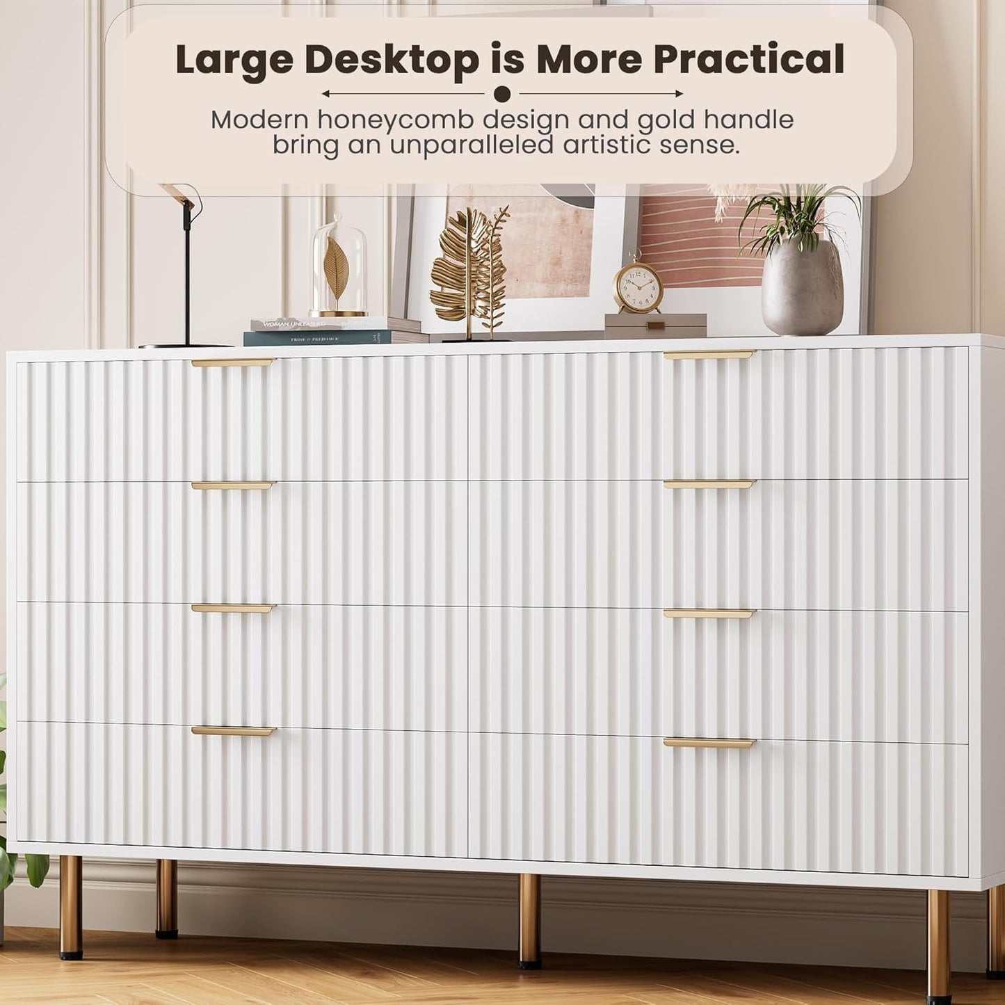 8 Drawer Dresser for Bedroom, Fluted 55" Wide Modern Chest of Drawers with Deep Drawers, Wooden Dresser Organizer for Living Room, Hallway, Kids Room, White