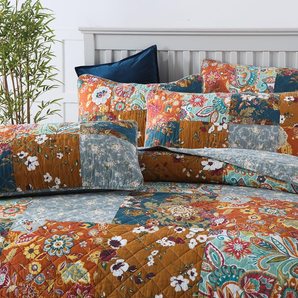 Autumn Dream Cotton Bedspread Quilt Sets Reversible Bedding Coverlet Sets Comforter, Paisley Floral Patchwork Yellow Grey Bedspread, King Size