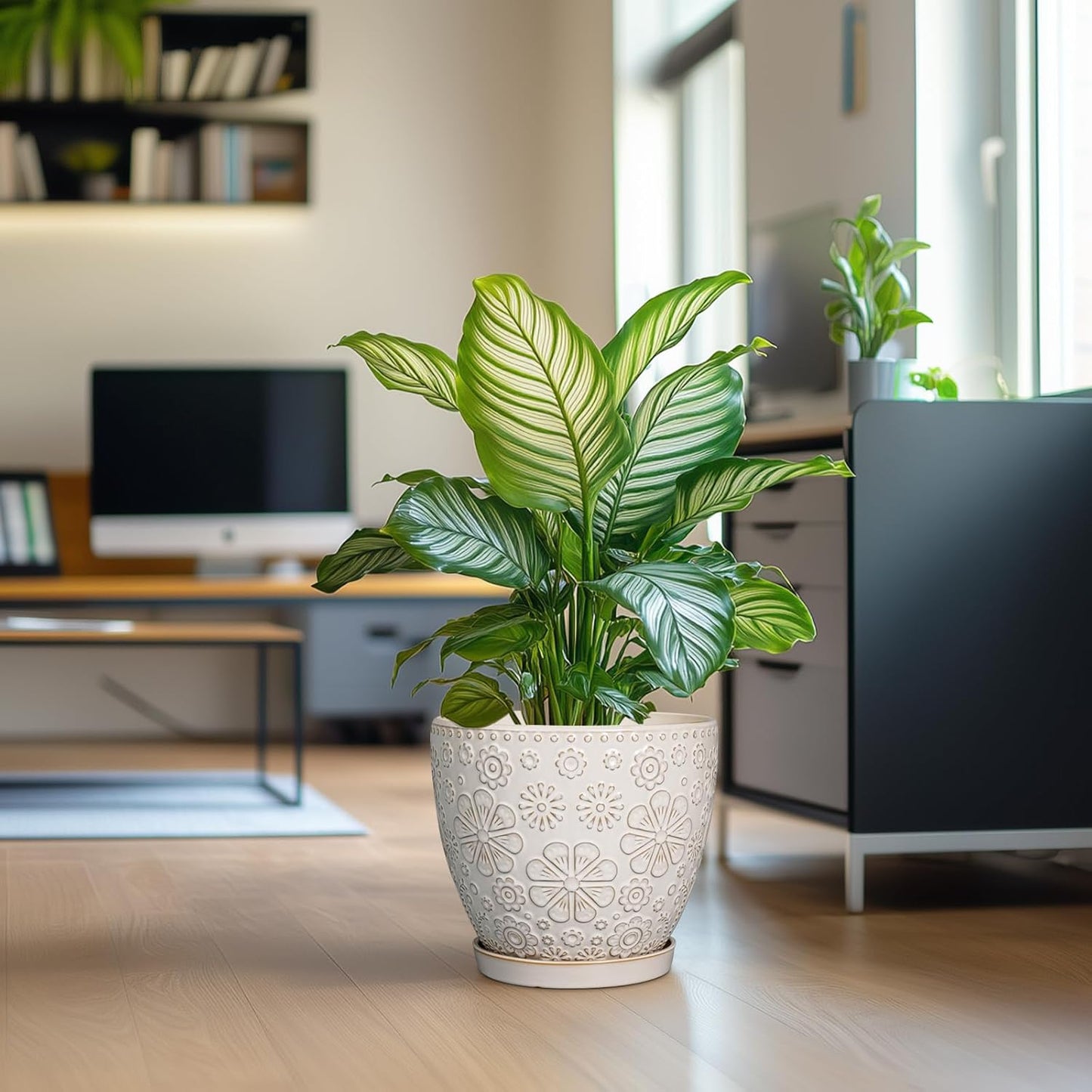 10 Inch Ceramic Planter Pot Large Plant Pot for Indoor Plants Outdoor Round Flower Pot with Drainage Hole and Saucer for Home Garden Decor White