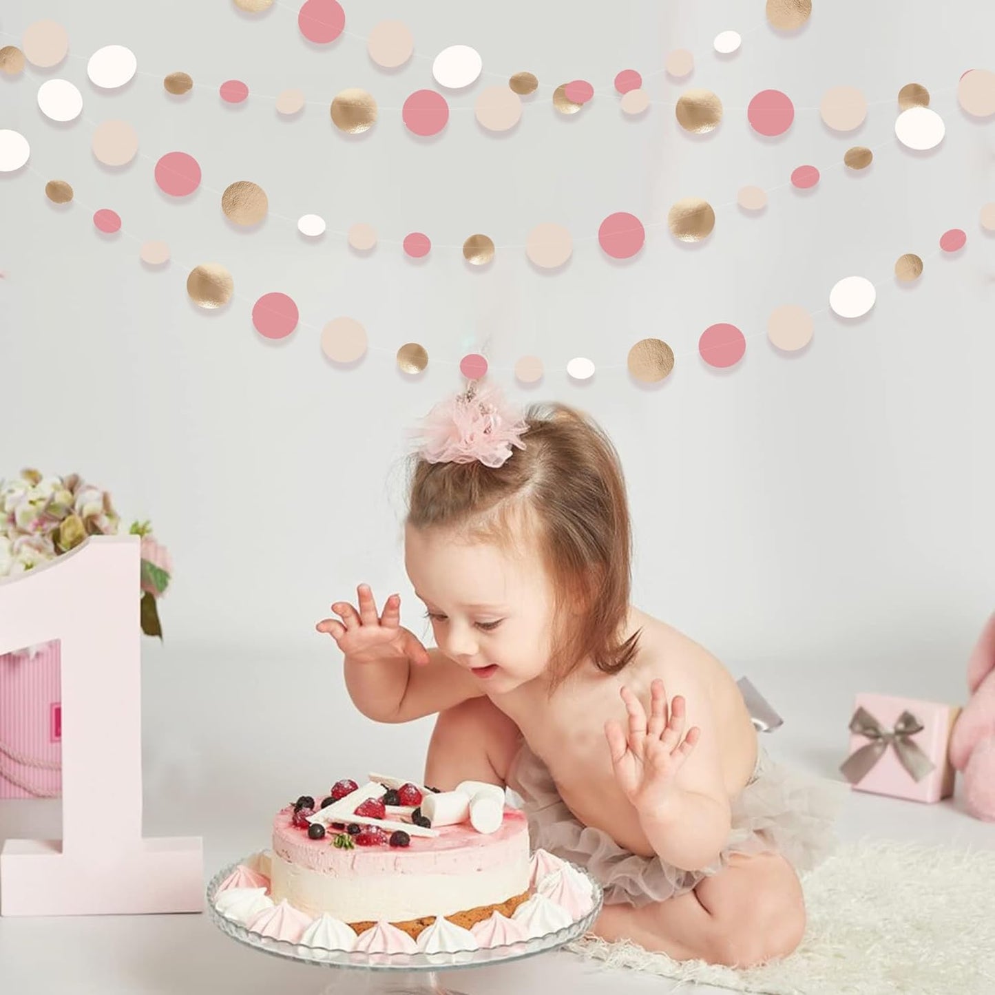 Champagne Gold Dusty Pink Decorations Circle Dots Garland Gold Pink Nude Neutral Cream White Boho Hanging Polka Dot Streamer for Bridal Shower Birthday Wedding Engagement Baby Shower Party Supplies