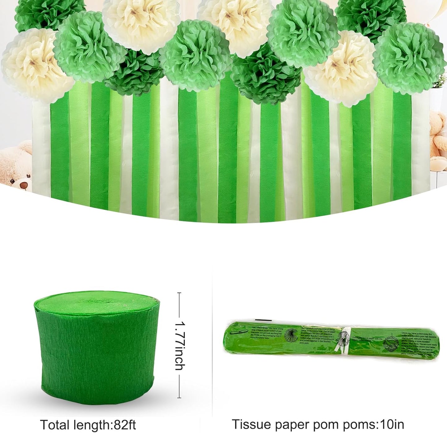 Sage Green Party Streamers Decorations Paper Pom Poms for Birthdays, Bridal or Baby Showers,Engagement, Boho Wedding, Greenery Party Decor