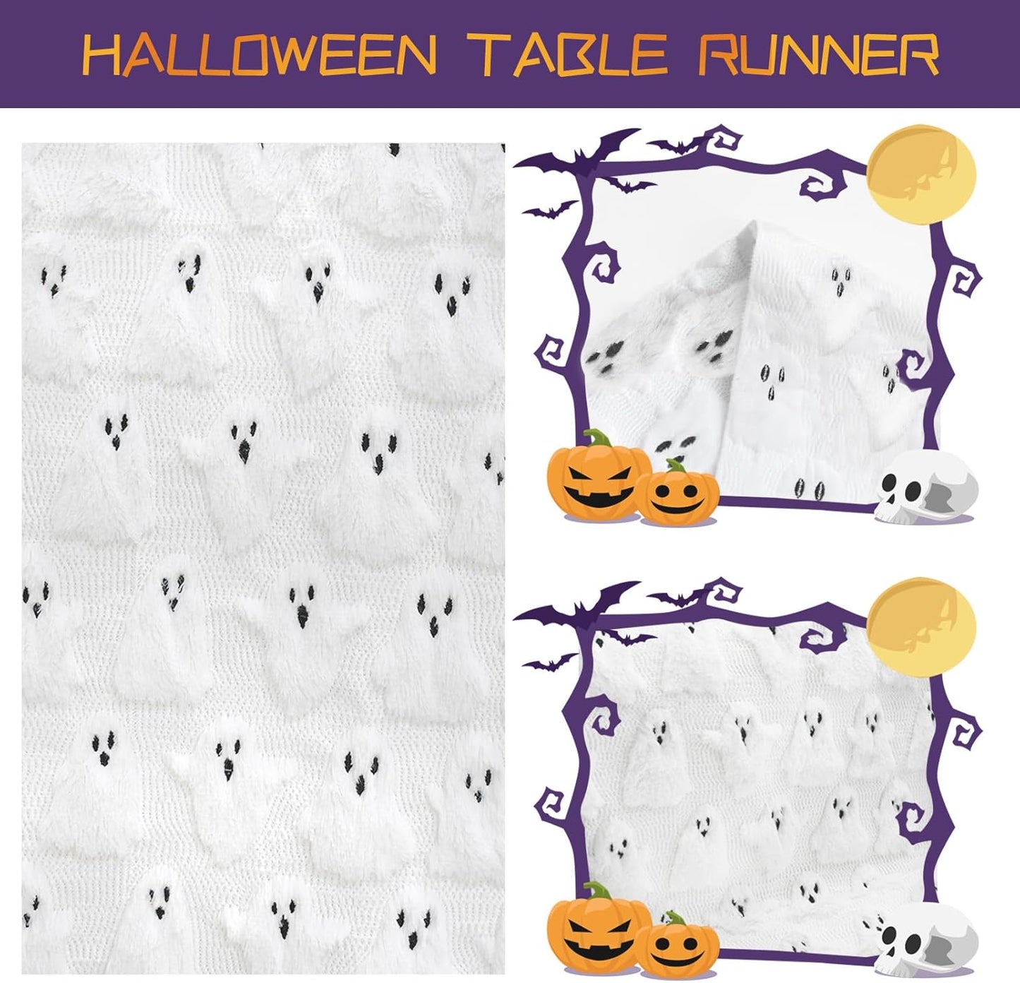 Halloween Table Runner Ghost Soft Plush Faux Fur Halloween Table Runner Hallowee Home Decor, Holiday Kitchen Dining Table Decoration for Home Party Decor 13x72 Inch