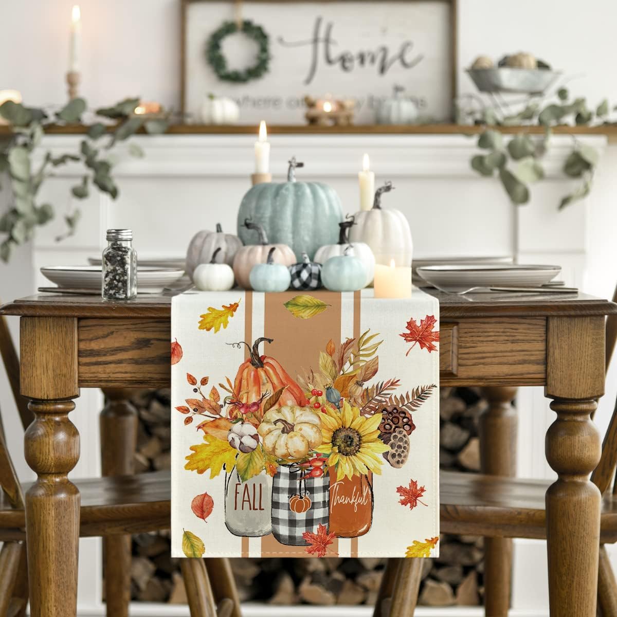 Artoid Mode Thankful Fall Pumpkin Leaves Floral Vases Table Runner, Autumn Thanksgiving Kitchen Dining Table Decoration for Home Party Decor 13x120 Inch