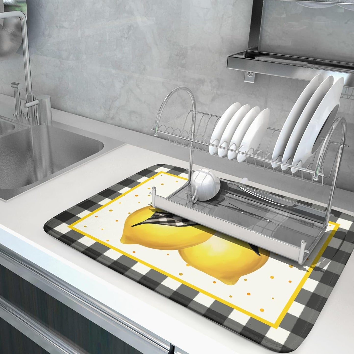 Lemon Dish Drying Mat for Kitchen Counter Spring Summer Black White buffalo Check Plaid Seasonal Absorbent Reversible Microfiber Kitchen Countertop Protector Dishes Pad Large 18x24 inch