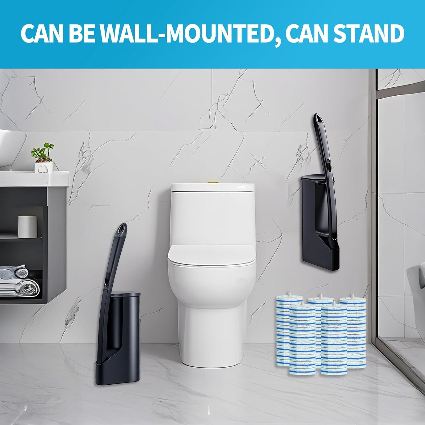 Disposable Toilet Brush with 50 Wand Cleaner Refills Pads，Wall Mounted Toilet Bowl Holder Set，Toilet Cleaning System Starter Kit，Bathroom Cleaning System for Sink Bathtub Wash Basin