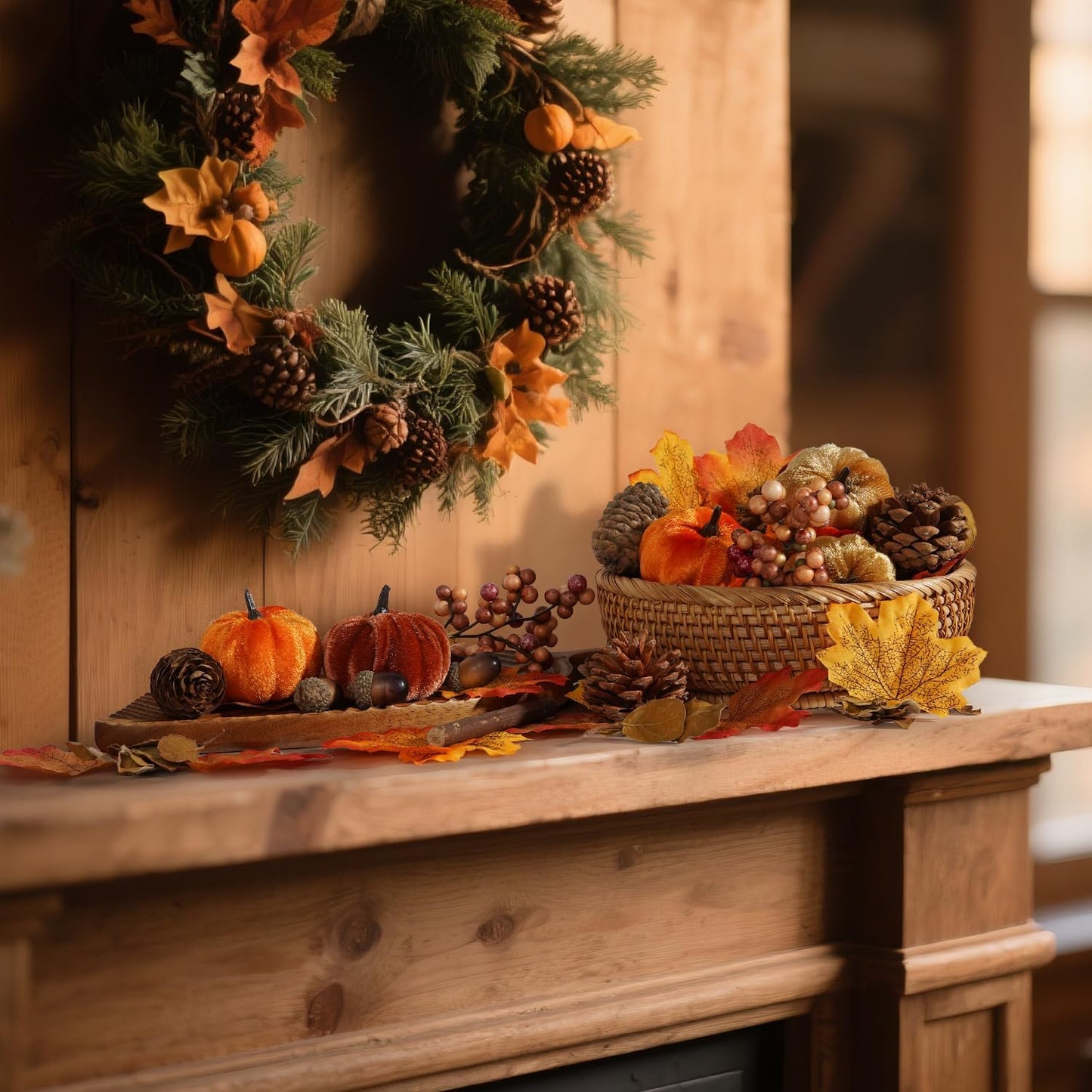 Artmag 51 PCS Artificial Fabric Pumpkins, Fall Harvest Decorations with Acorns, Pinecones, Berries, Maple Leaves for Fall Thansgiving Halloween Decoration