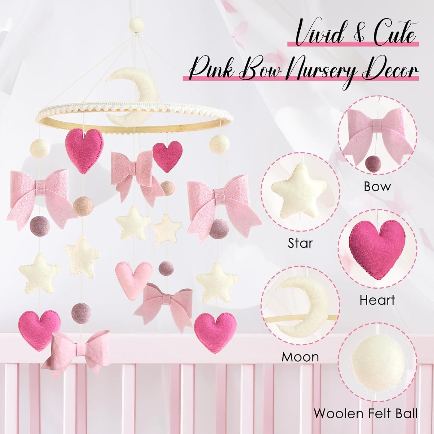 Baby Mobile for Crib Pink Bow Baby Crib Mobile for Girls Handmade Coquette Bow Nursery Decor for Infant Bedroom Hanging Pink Girls Room Decor for Bassinet Gender Reveal Newborn Gifts